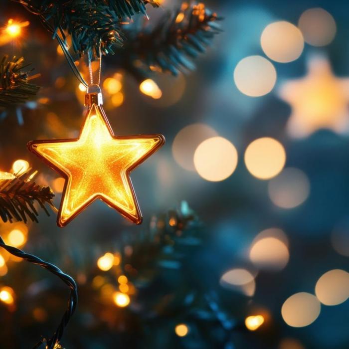 Close up of lights and star shaped decorations on a christmas tree